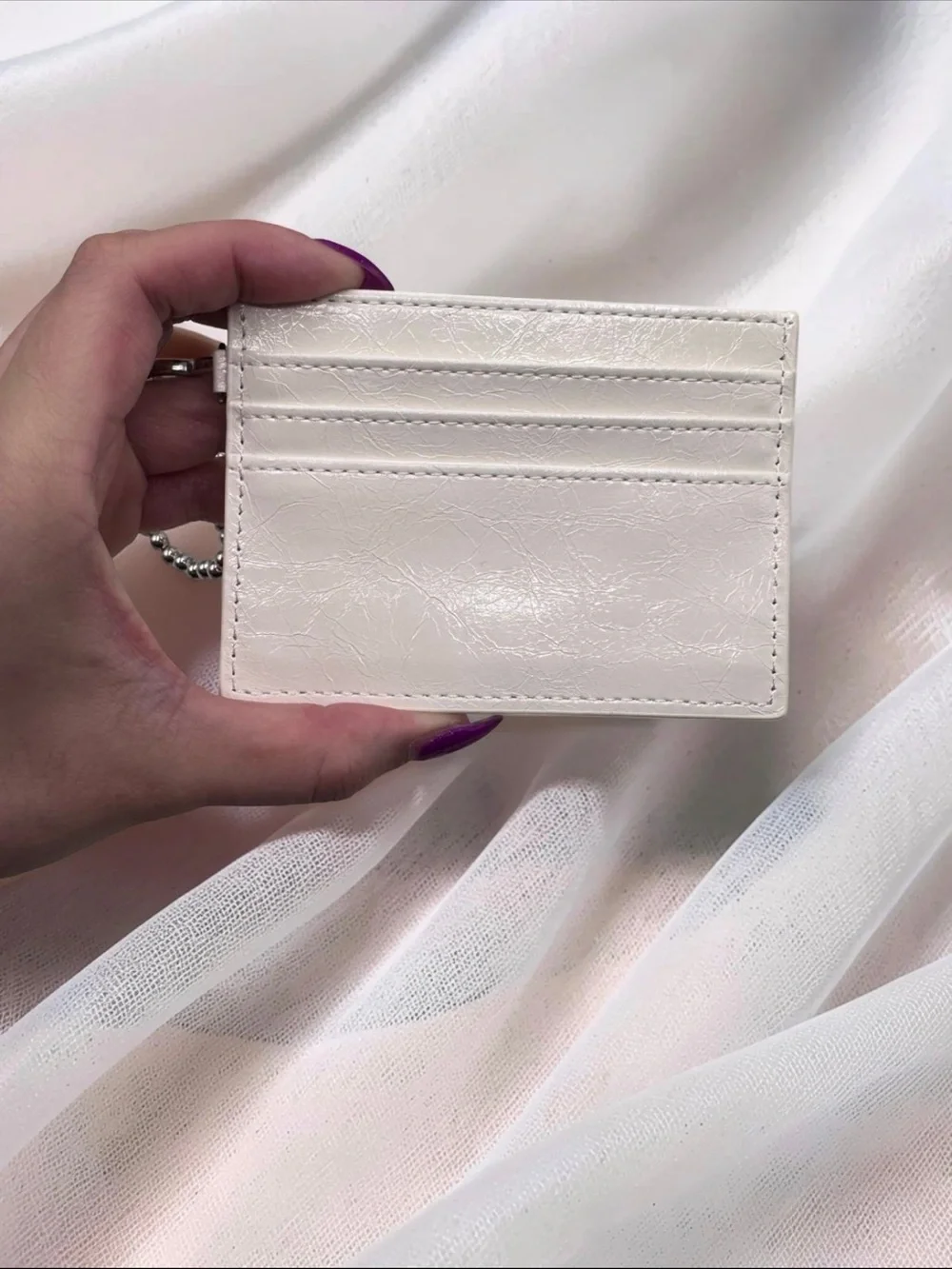 White Faux Leather Card Holder Wallet w/ Bow Charm Keychain